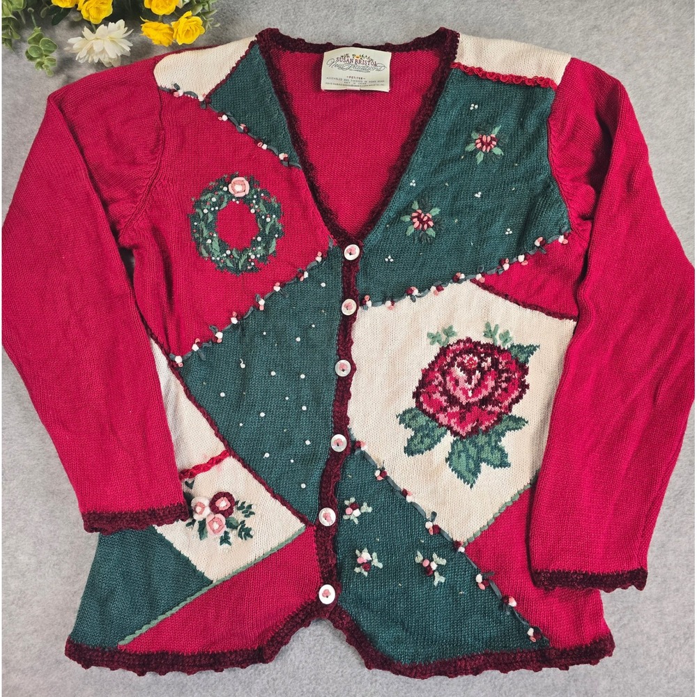 Susan Bristol Vintage Patchwork Floral Embroidered Cardigan Sweater PM 90s